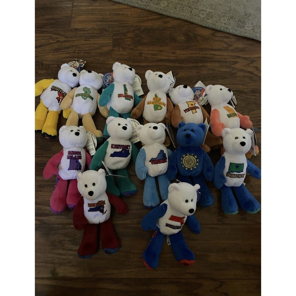 Lot 13 Limited Treasures US State Quarter 8" Plush Teddy Bears w/ Tags & Coins